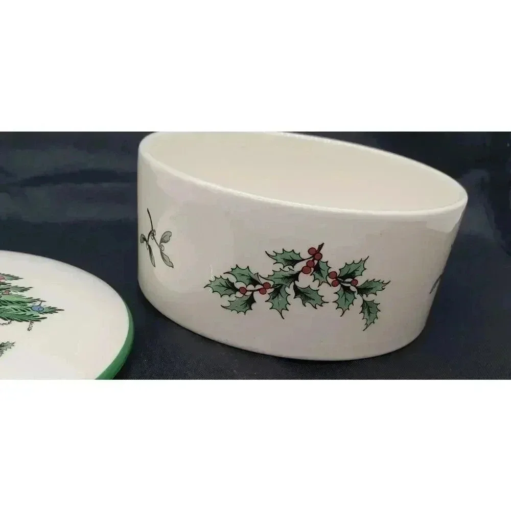 Vintage SPODE Christmas Tree Covered Candy Dish Trinket Vanity Jewelry Gift Box